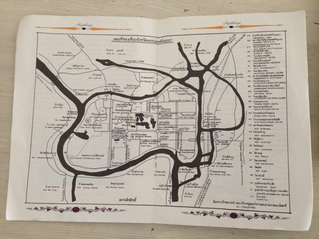 Kaart met fietsroute door Ayutthaya